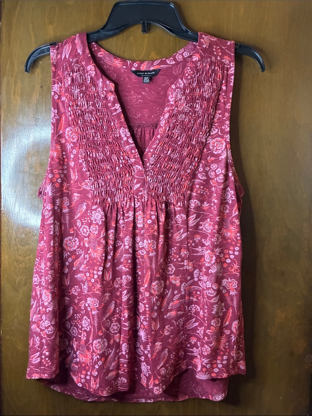 Lucky Brand Red Floral Smocked V-Neck Tank